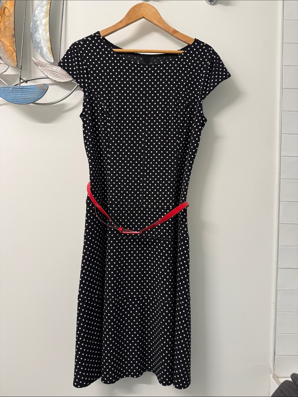Joseph Ribkoff Black Polka Dot Midi Dress with Red Belt